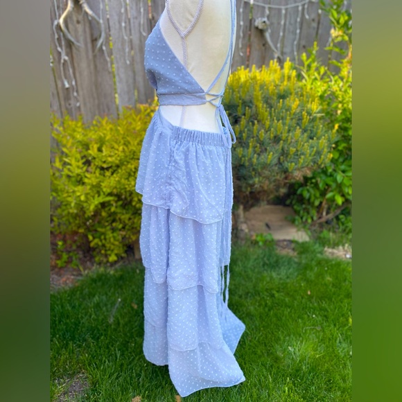 Periwinkle Pastel Blue Tiered Ruffle Backless Spring Dress Adjustable - Picture 3 of 6